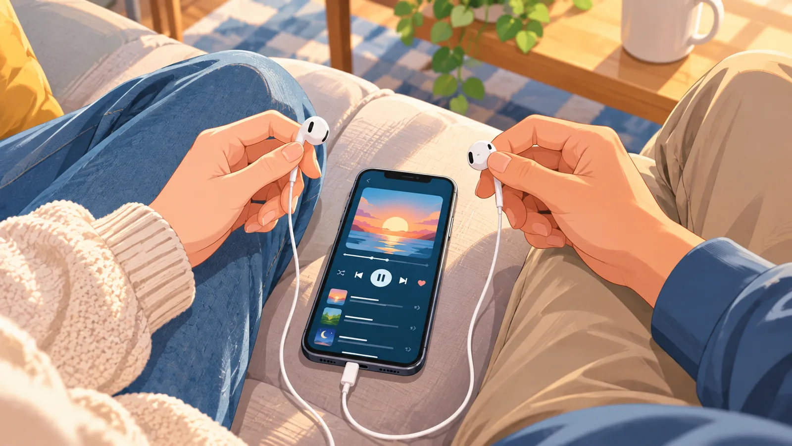 Tangan sepasang kekasih berkongsi fon telinga sambil melihat senarai main