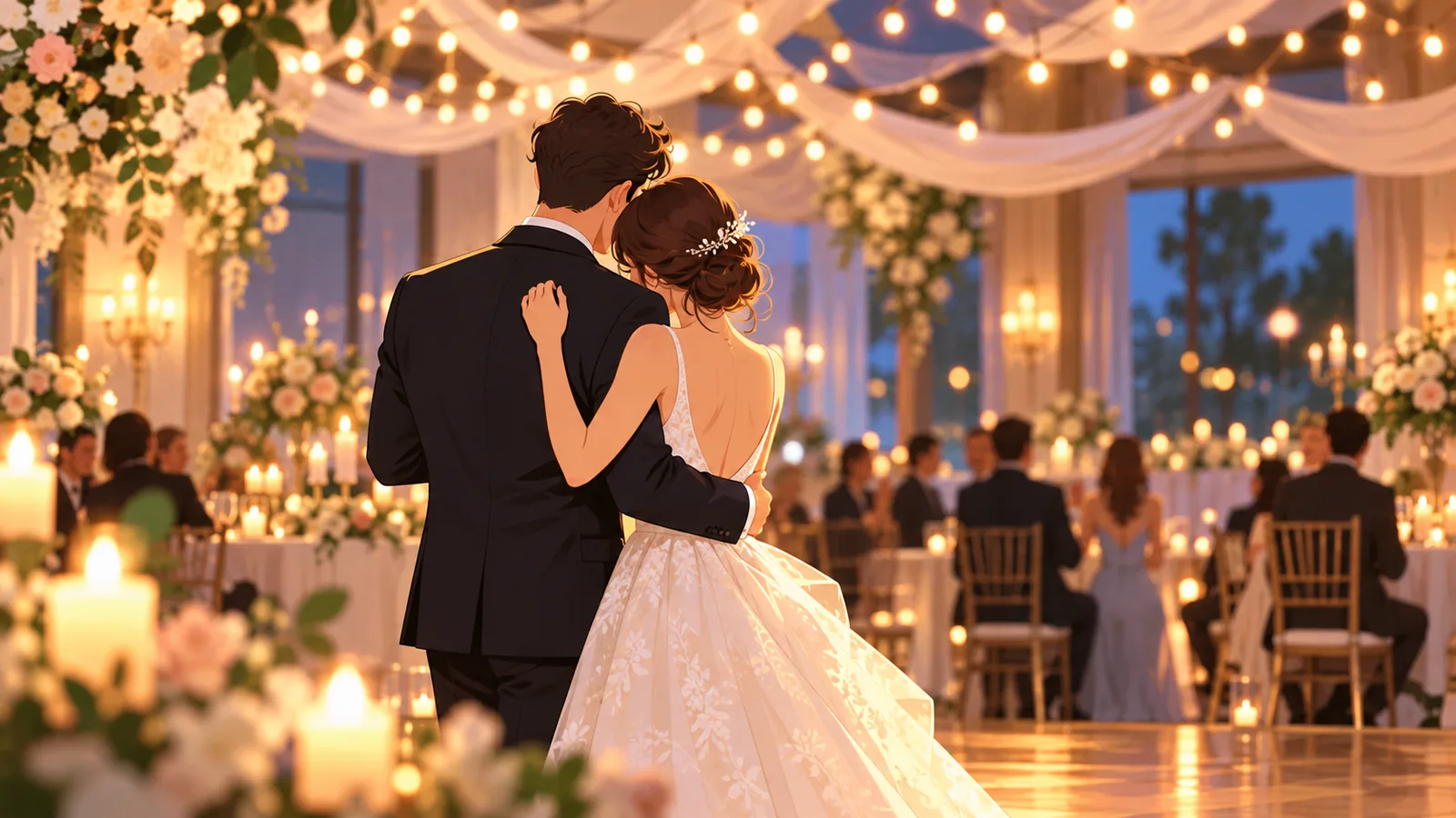 Pengantin menari perlahan di dewan yang diterangi lampu lembut