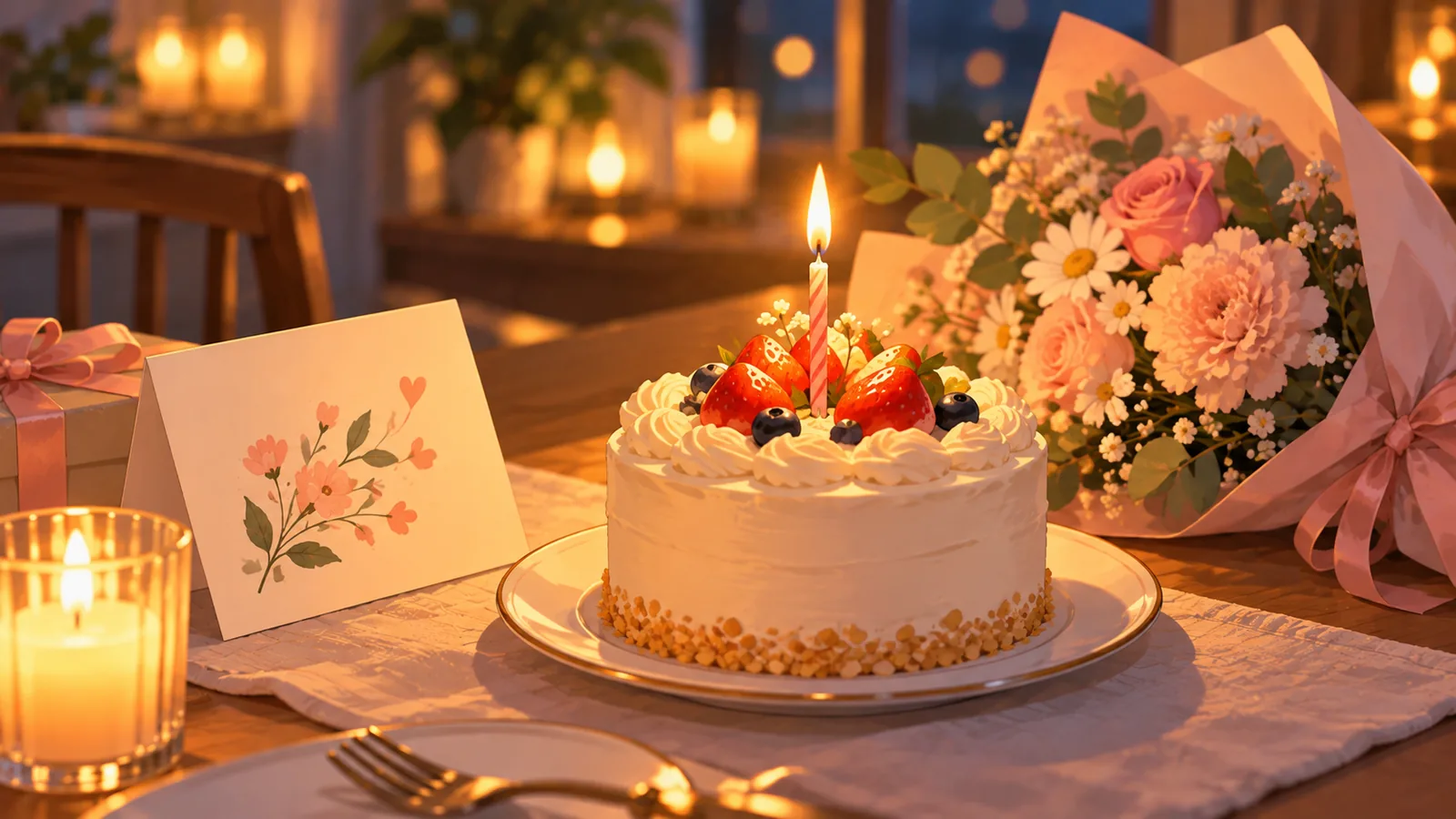 Kek hari lahir kecil dengan lilin dan kad tulisan tangan