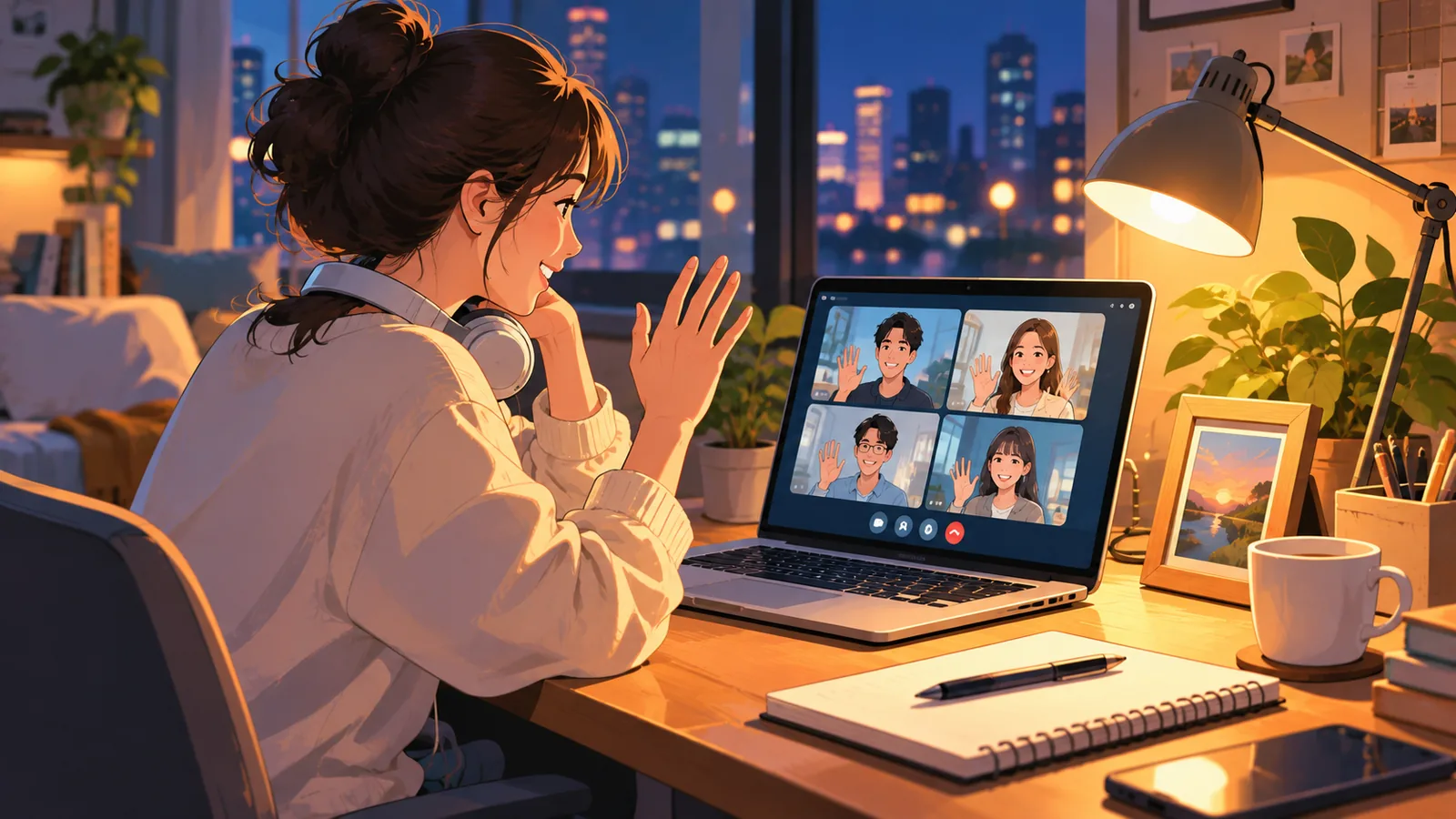 Wanita berhubung melalui panggilan video pada waktu malam untuk hubungan jarak jauh