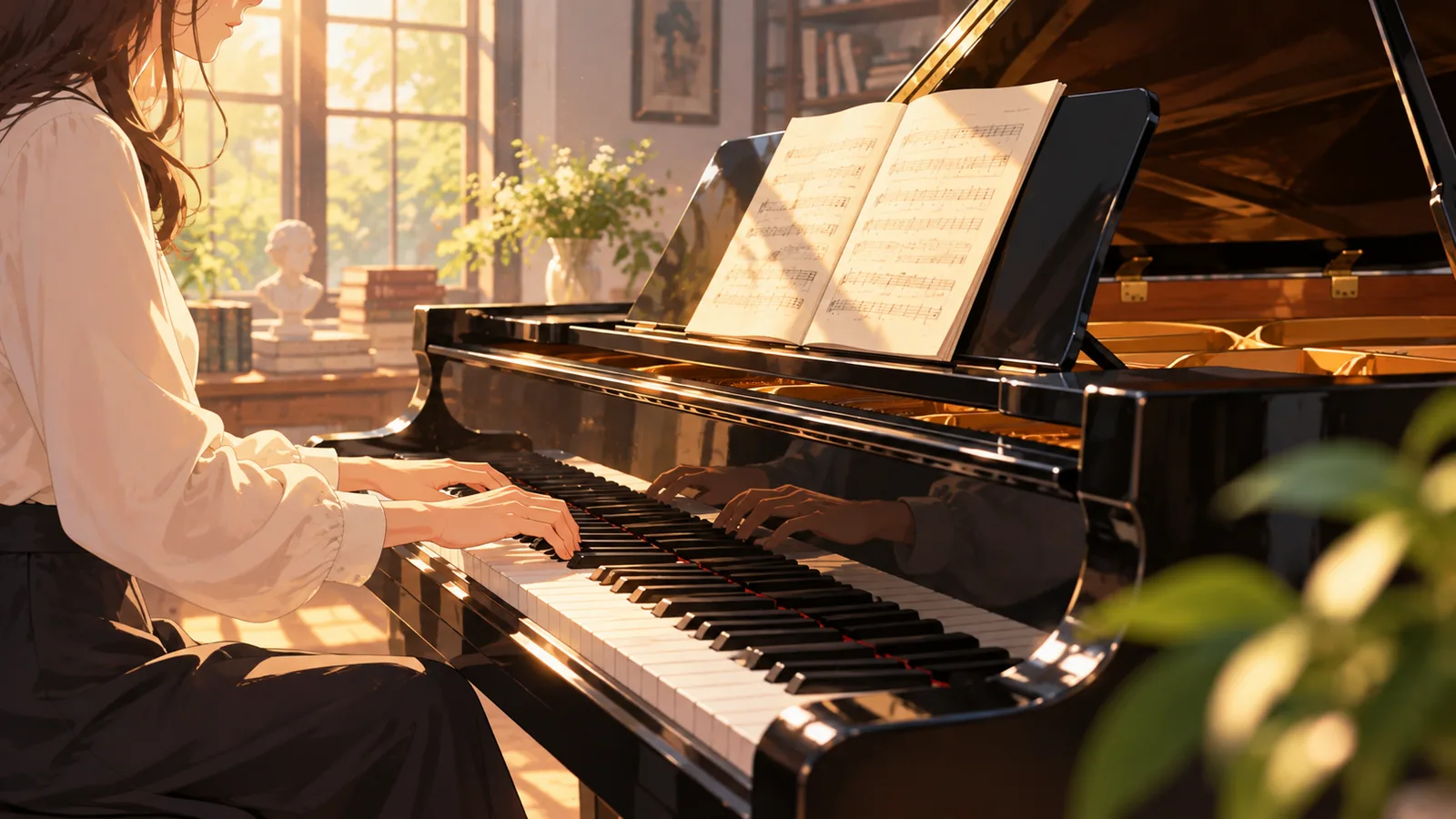 Piano besar di studio yang diterangi cahaya matahari