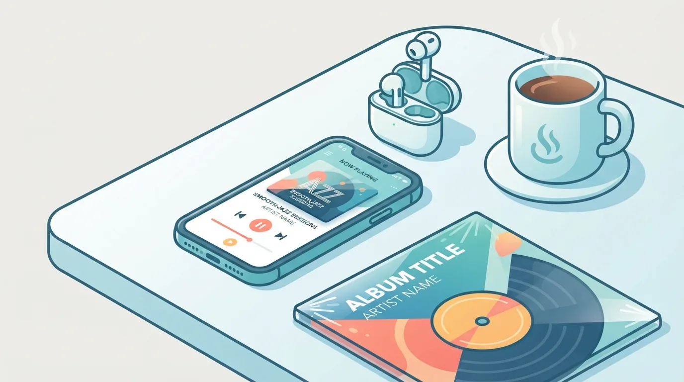Telefon dengan aplikasi muzik, fon telinga dan sampul vinil di atas meja kafe