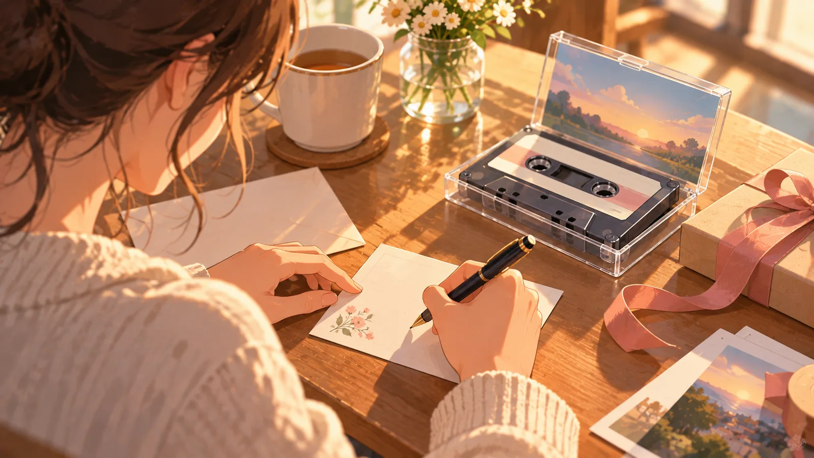 Wanita menulis nota tangan ringkas untuk disertakan bersama lagu