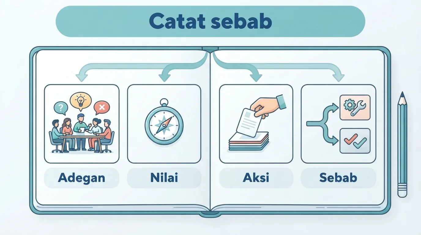 Catatan kendiri empat bahagian: situasi, perkara yang diutamakan, tindakan sebenar dan sebab lain yang mungkin