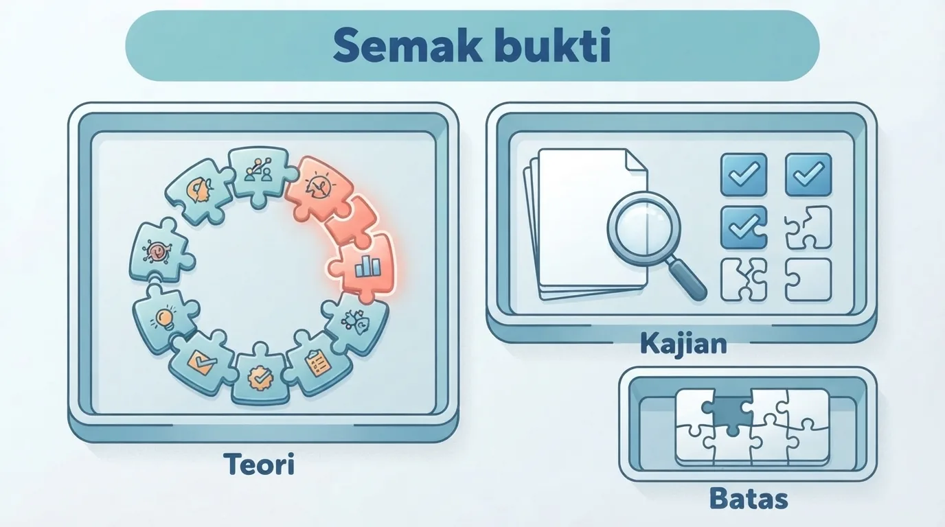 Aturan dalam teori dipisahkan daripada penilaian kajian, dengan ruang khas untuk menunjukkan batas bukti tenta