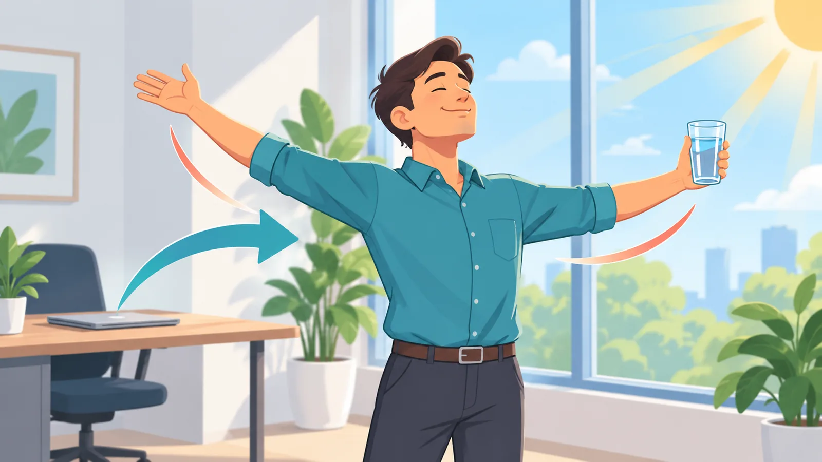 Pekerja meregangkan badan di tepi tingkap sambil memegang segelas air
