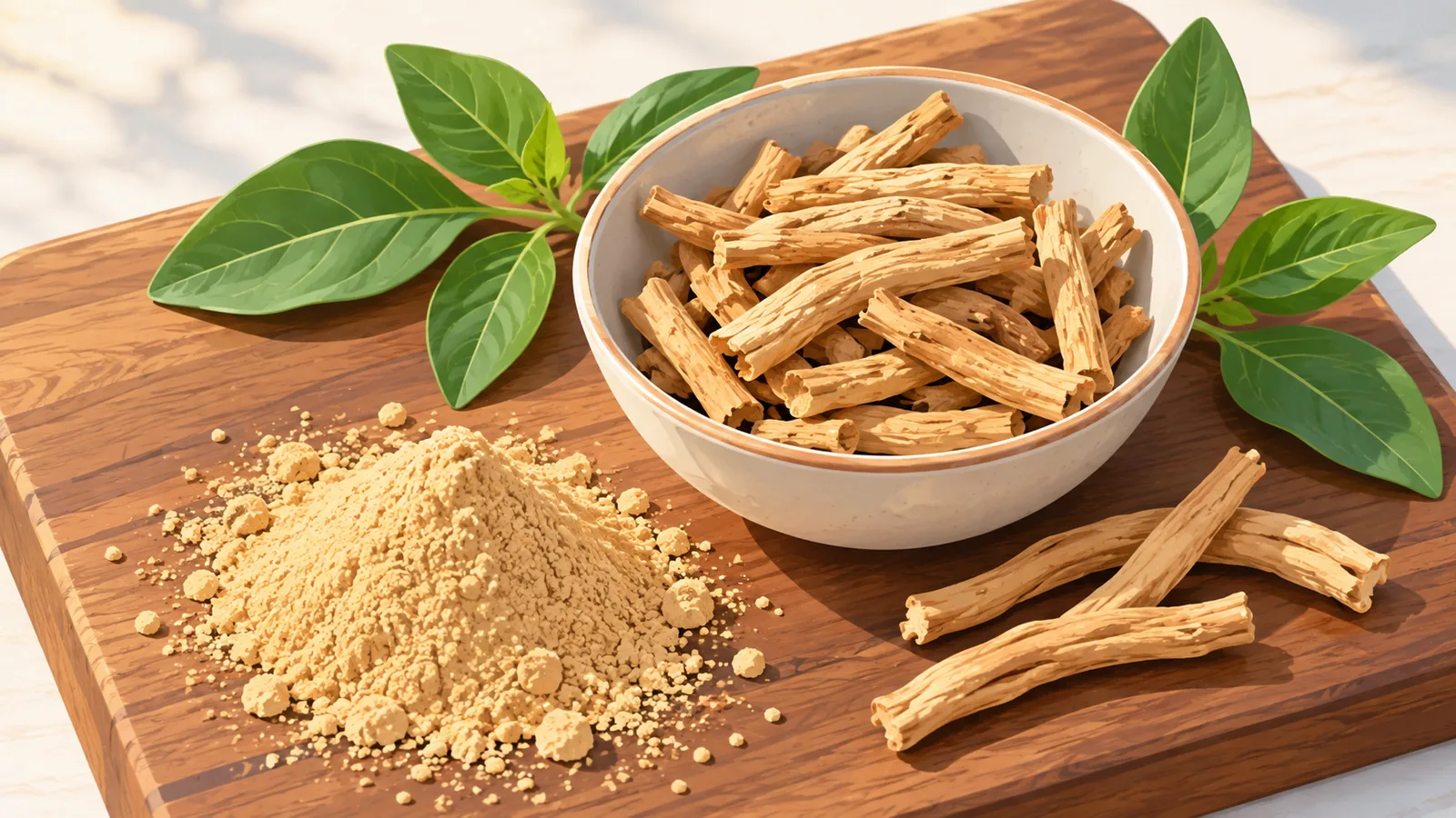 Mangkuk kecil berisi akar dan serbuk ashwagandha kering di atas papan kayu