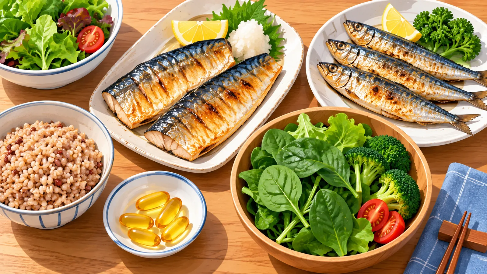 Hidangan ikan berlemak dan sayur hijau bersama beberapa kapsul omega-3