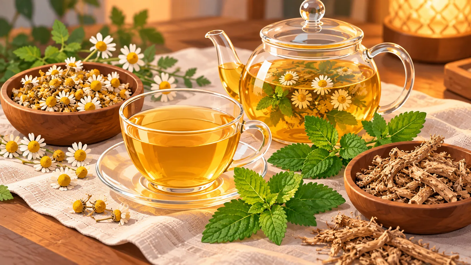 Teko kaca dan cawan teh herba dikelilingi chamomile, lemon balm dan valerian kering