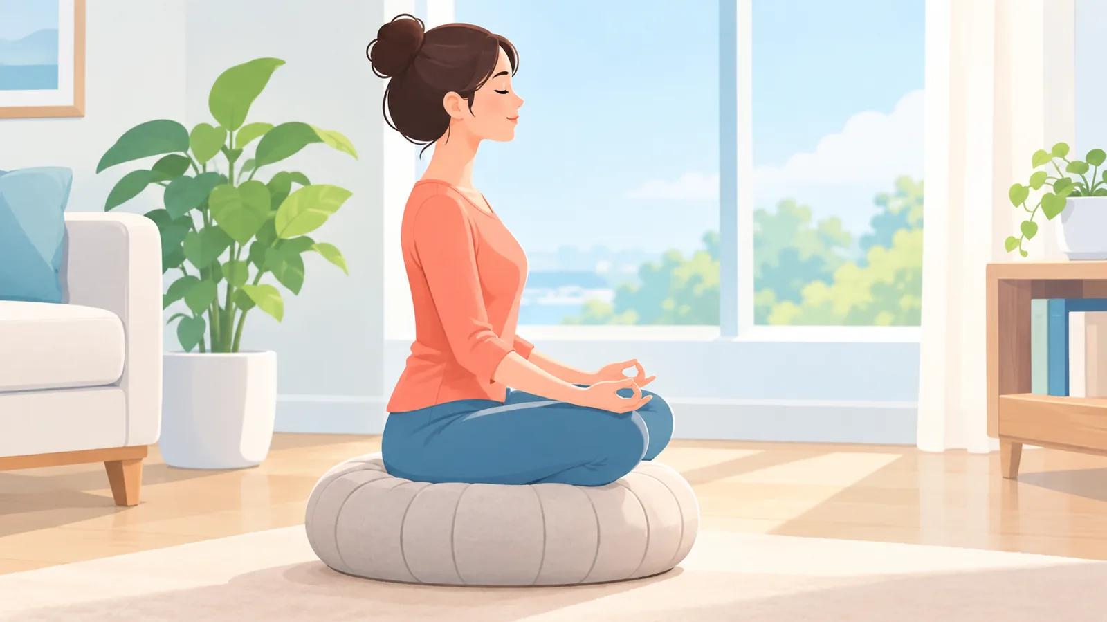 Seorang wanita duduk tegak di atas bantal meditasi di ruang tamu yang tenang