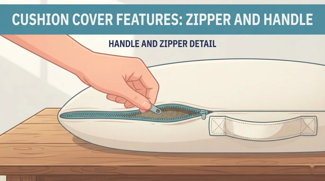 Zip dan pemegang pada sarung bantal meditasi diperiksa dari dekat