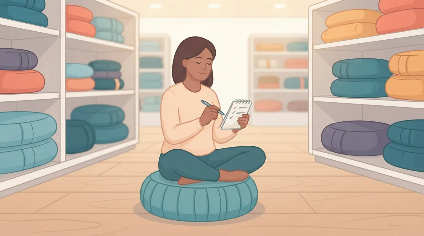 Pembeli menguji bantal meditasi di kedai sambil memeriksa senarai semak