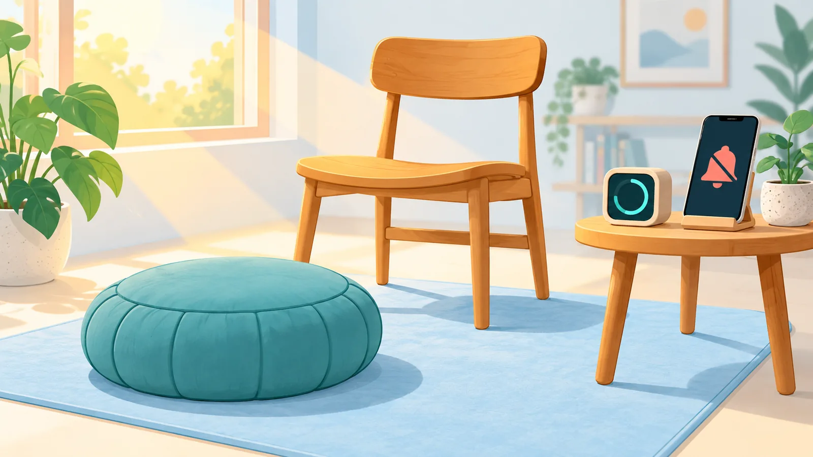 Sudut meditasi di rumah dengan kusyen, kerusi, pemasa dan telefon dalam mod senyap