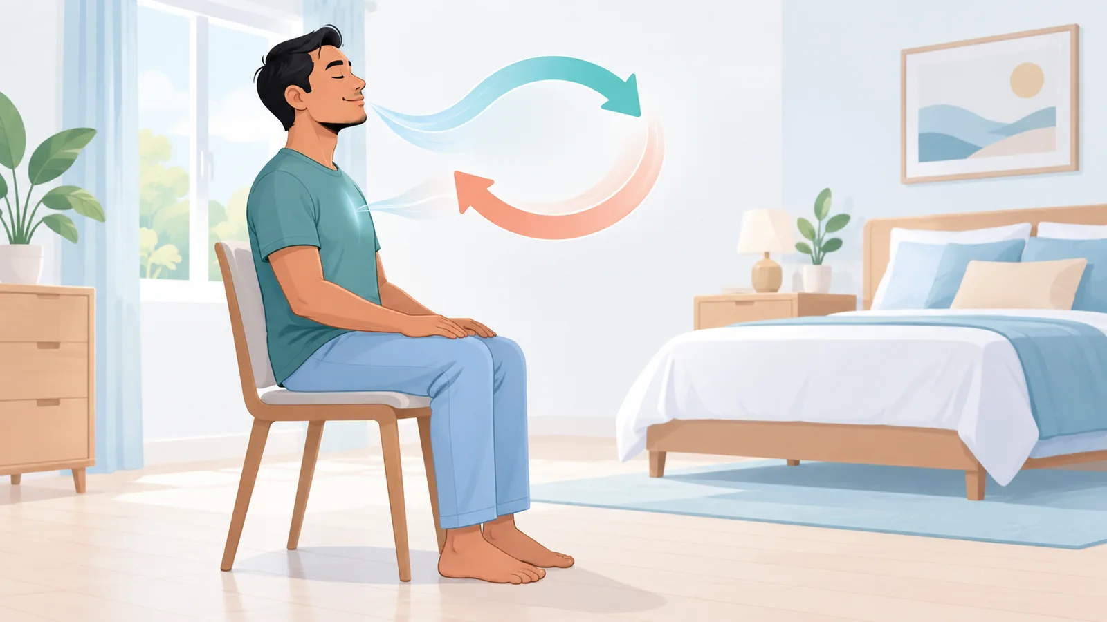 Lelaki duduk tegak di atas kerusi sambil bermeditasi pernafasan di dalam bilik yang terang