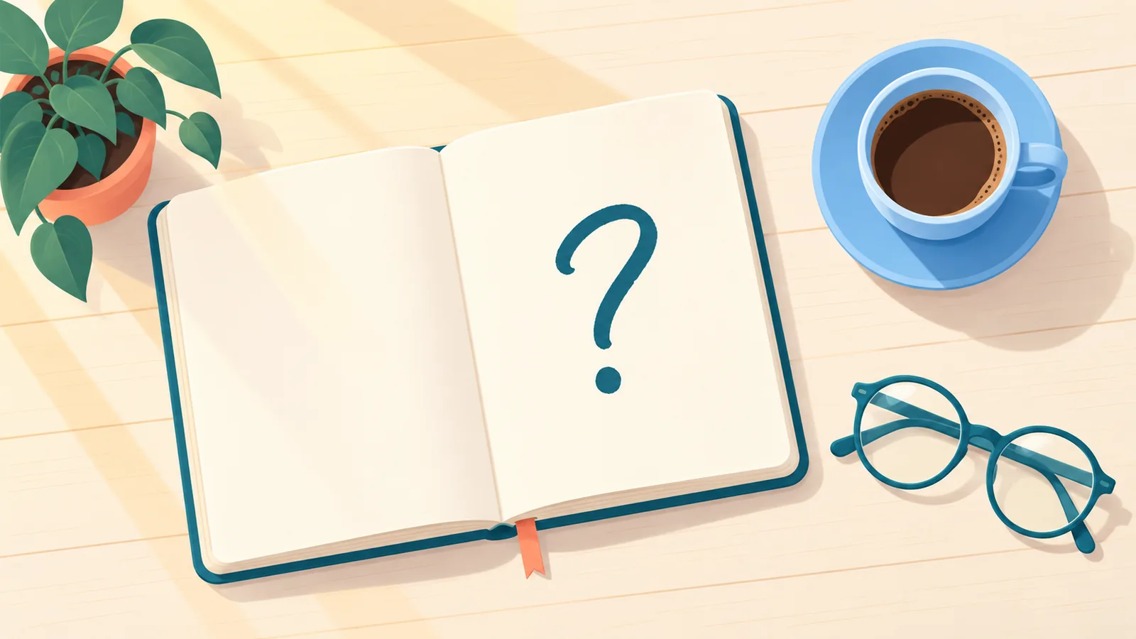 Buku nota bertanda soal bersama secawan kopi dan pokok kecil untuk bahagian soalan lazim