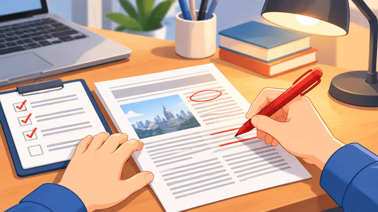 Tangan editor menyemak artikel berita dengan pen merah