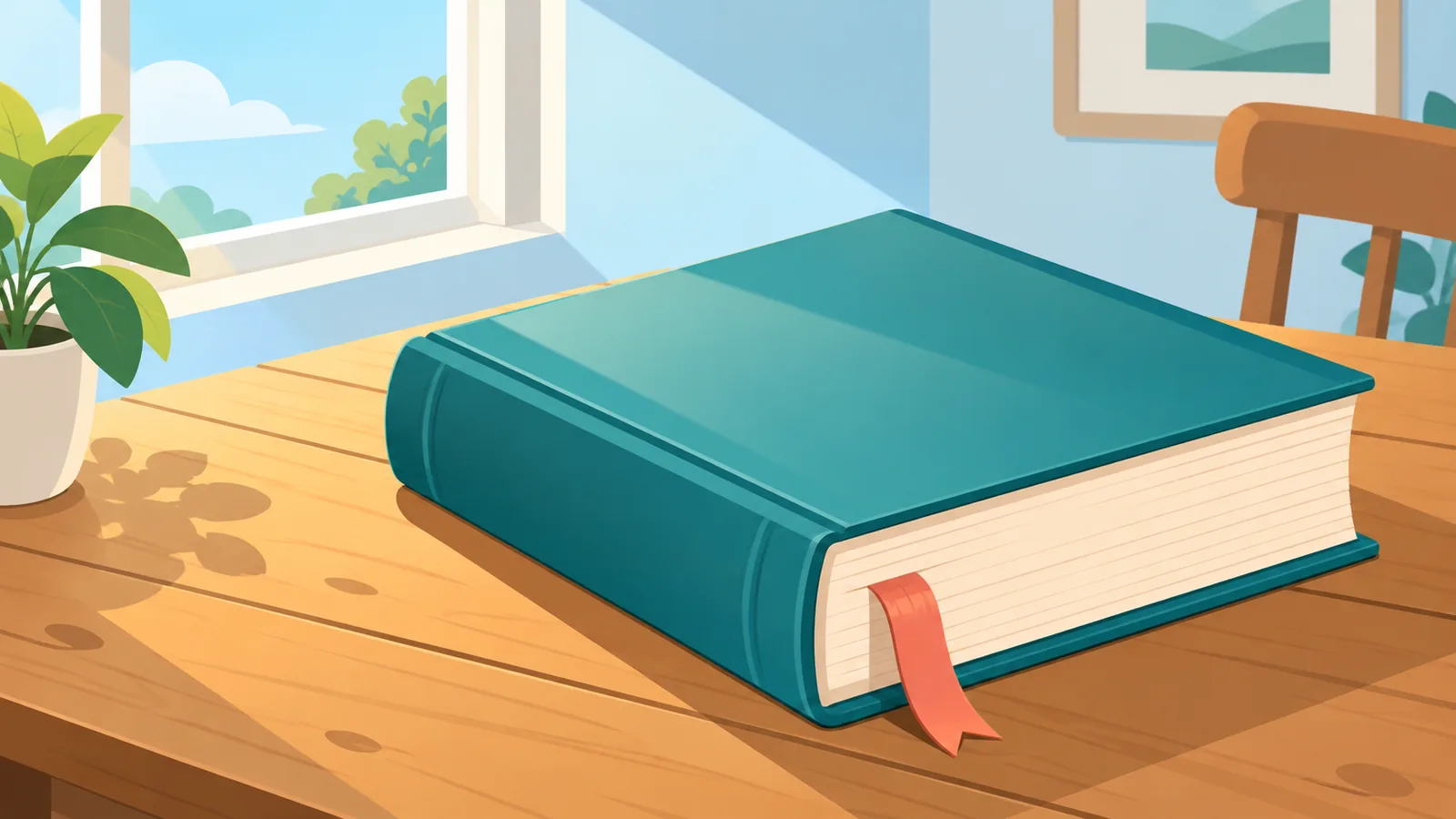 Buku tebal berkulit keras di atas meja kayu