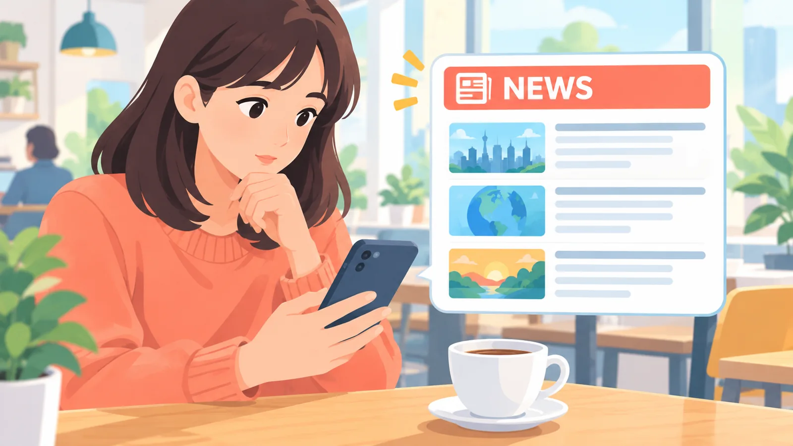 Pembaca muda membaca berita di telefon pintar di sebuah kafe