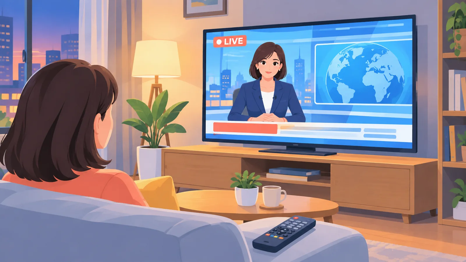 Televisyen di ruang tamu menyiarkan liputan berita langsung