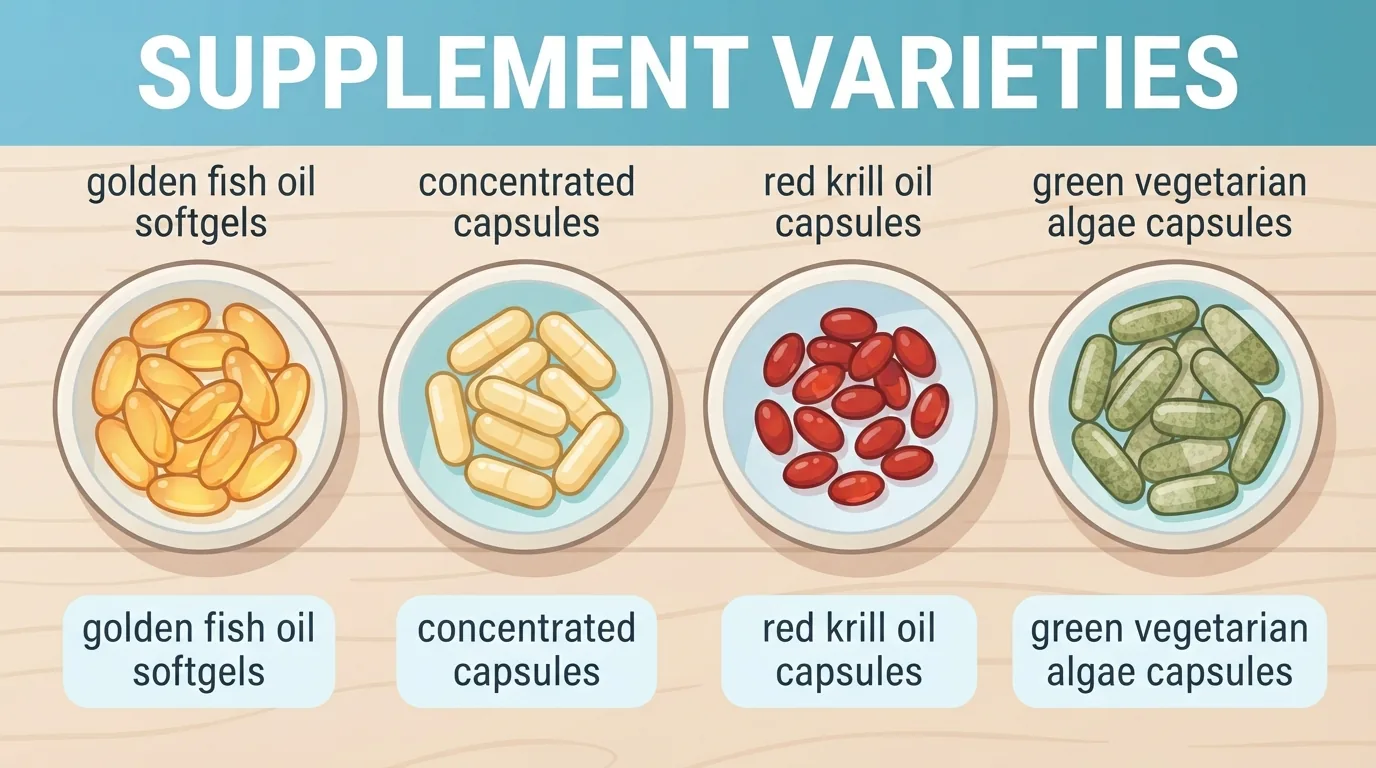 Empat jenis suplemen omega 3 disusun dalam hidangan seramik