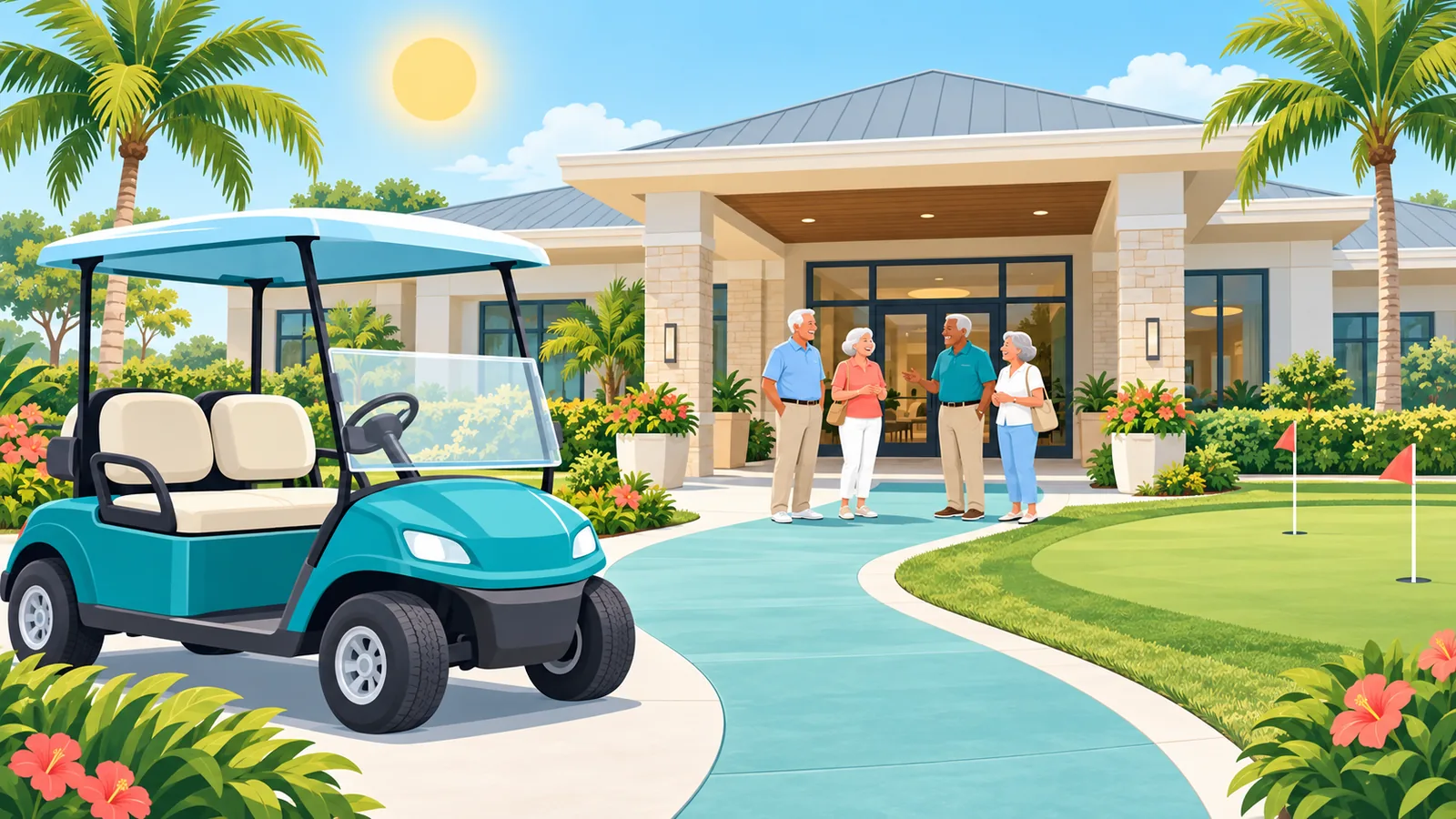 Pusat rekreasi komuniti persaraan aktif dengan kereta golf di hadapan