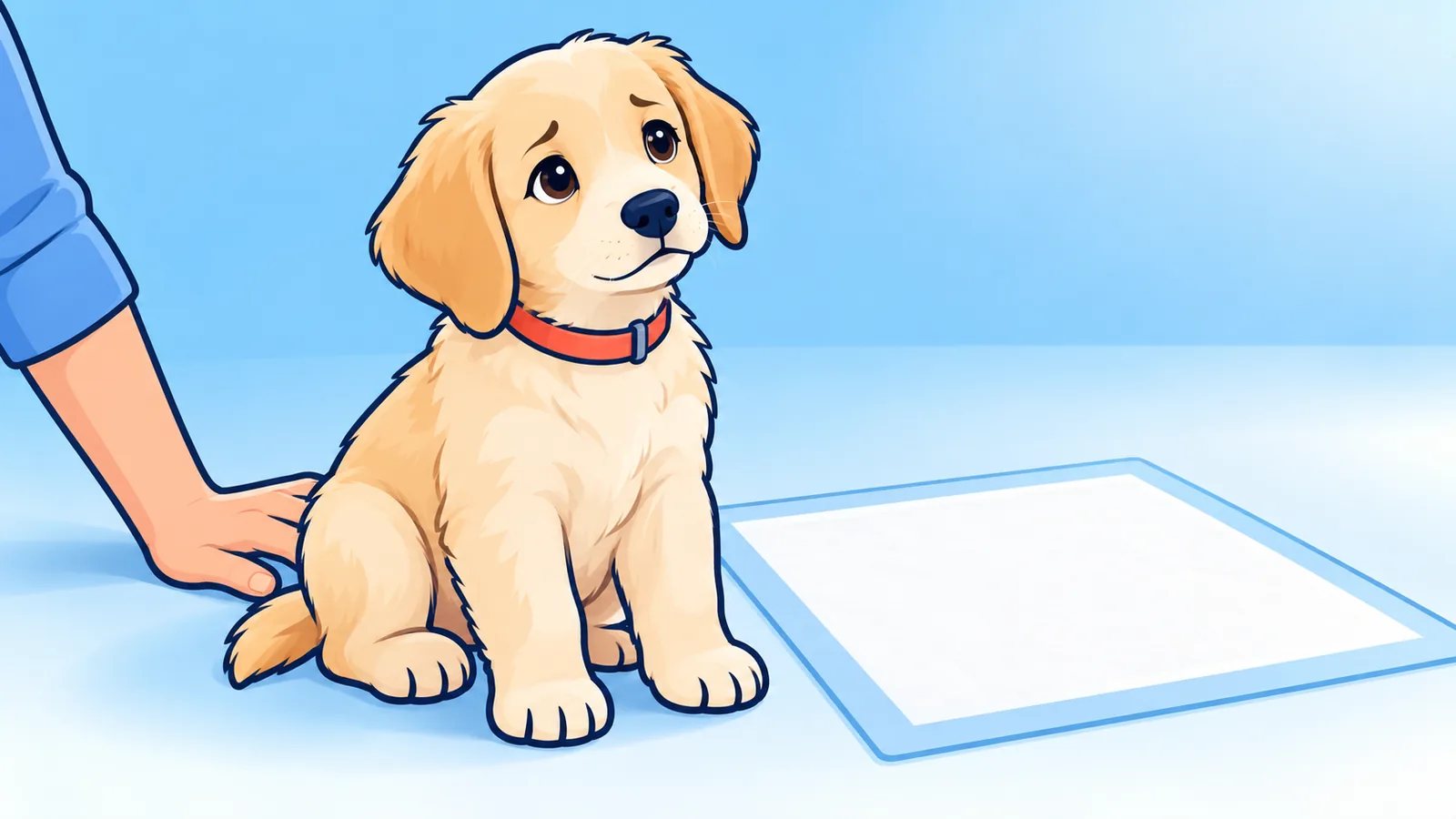 Anak anjing duduk di sebelah pad tandas di ruang tamu
