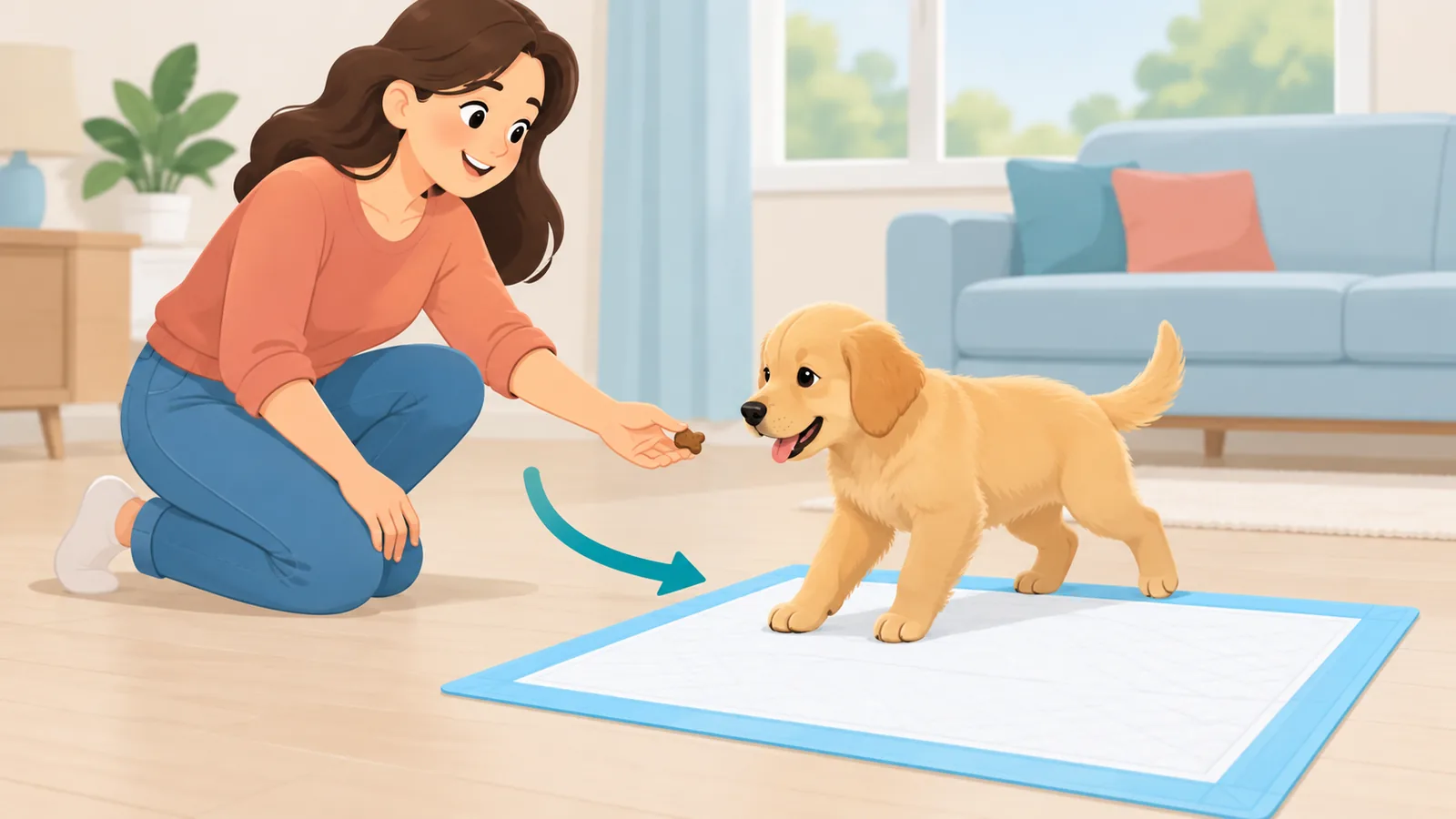 Pemilik membimbing anak anjing ke atas pad tandas
