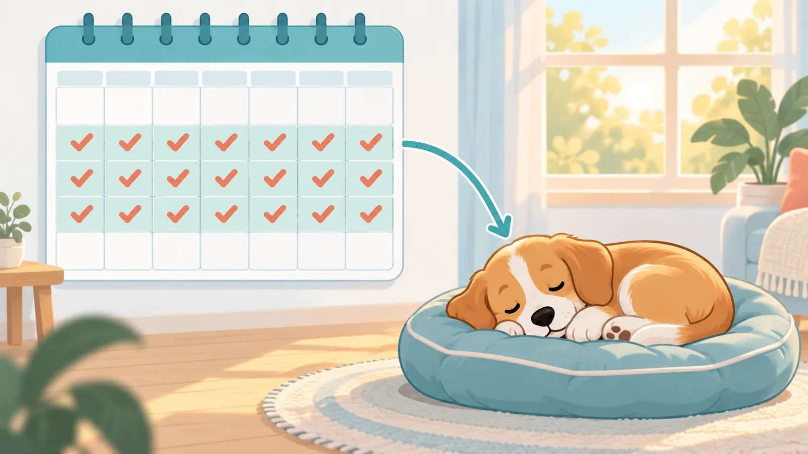 Kalendar dan anak anjing tidur menggambarkan tempoh latihan