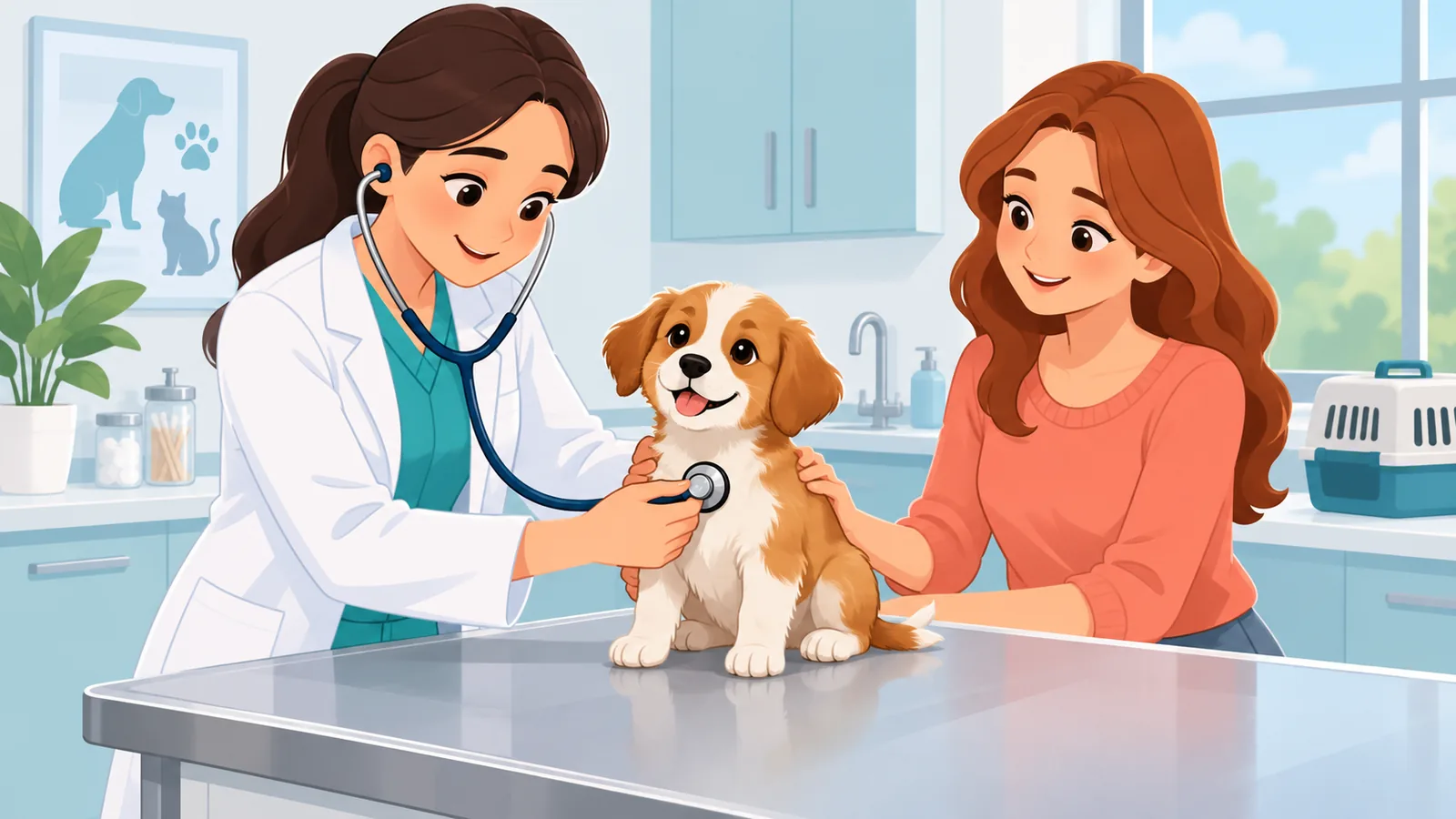 Doktor haiwan memeriksa anak anjing di klinik