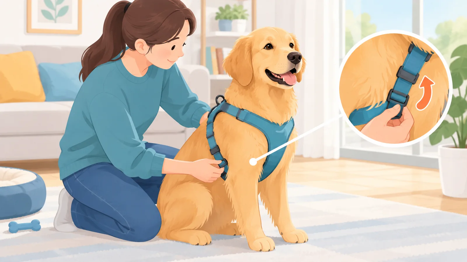 Anjing bersaiz sederhana memakai harness yang sesuai di laluan taman