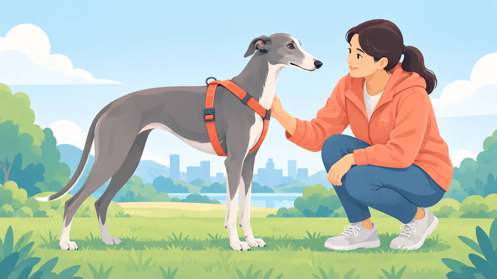 Dua harness anjing dengan pengait belakang dan pengait dada di atas meja kayu