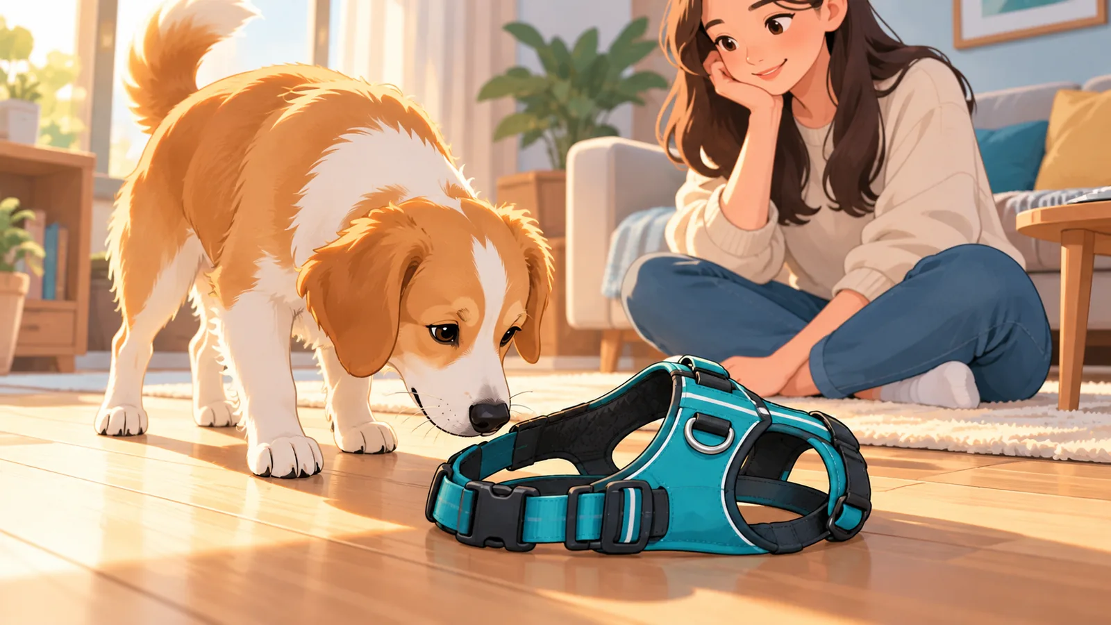 Pita pengukur lembut melingkari dada anjing golden retriever di dalam rumah