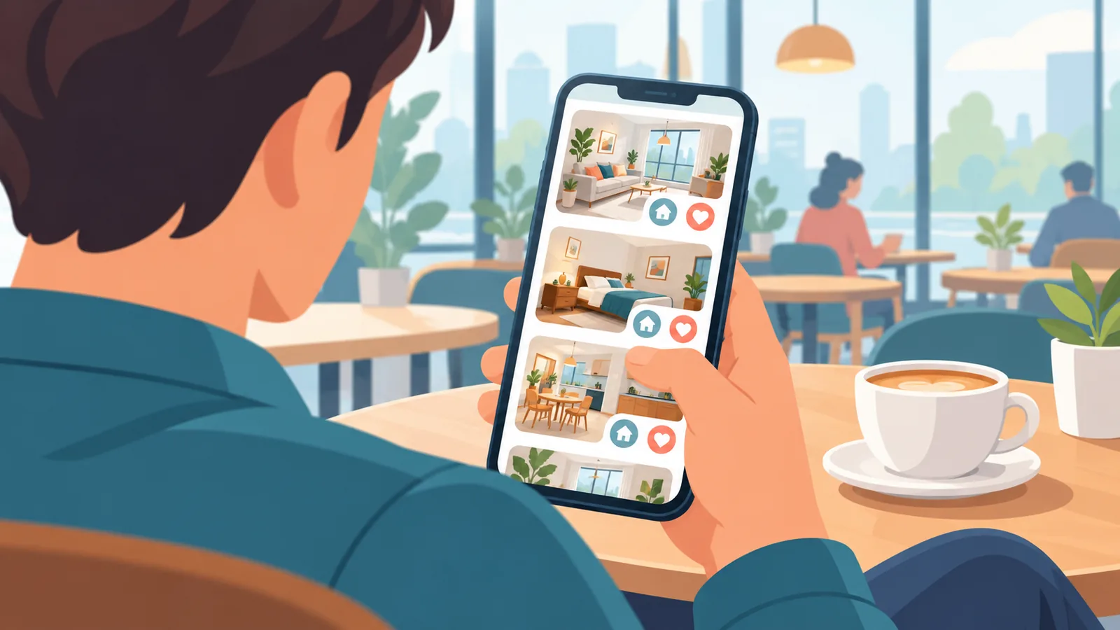 Seseorang menyemak senarai pangsapuri untuk disewa pada telefon pintar
