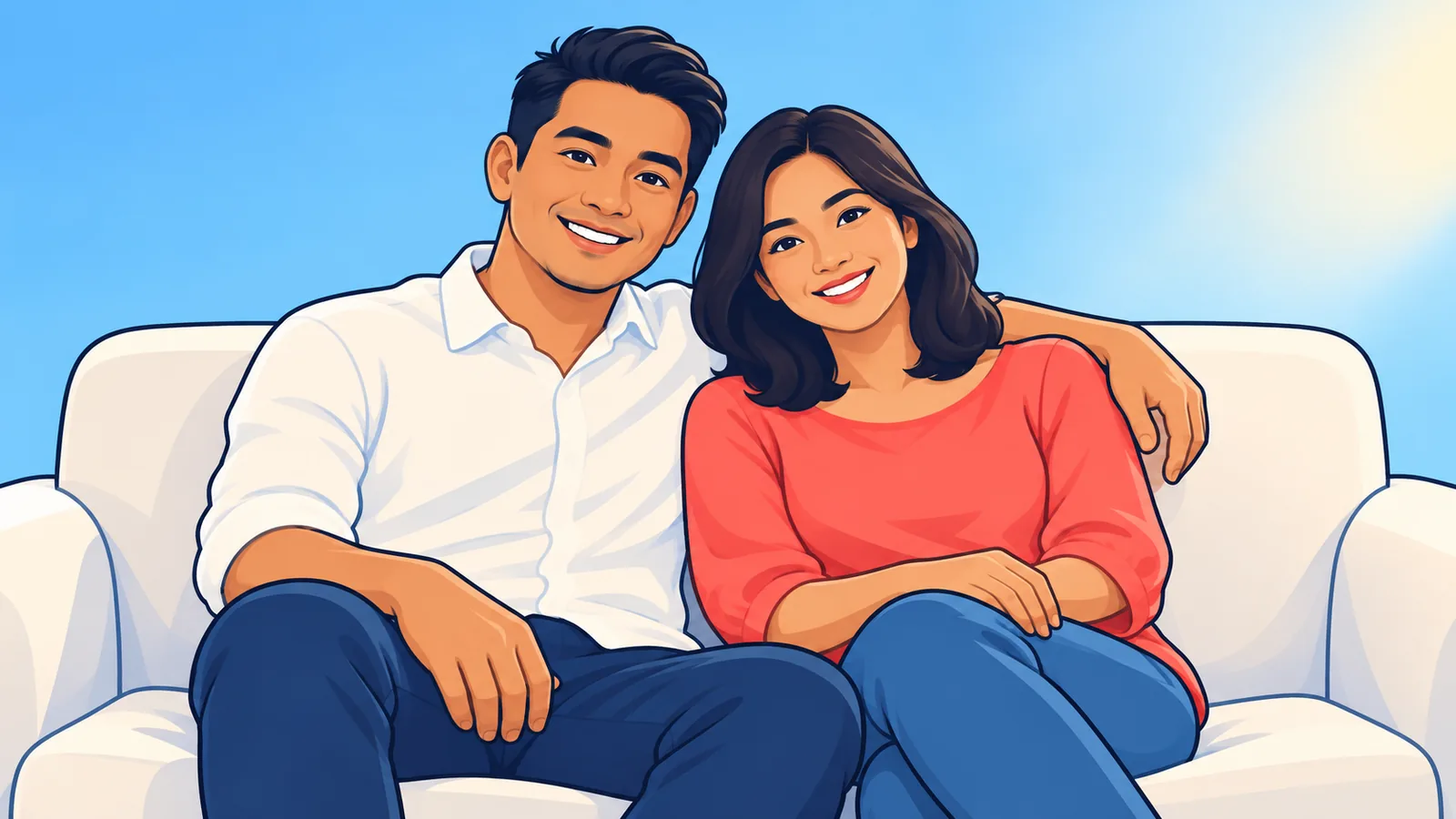 Pasangan Malaysia tersenyum duduk bersebelahan di sofa ruang tamu