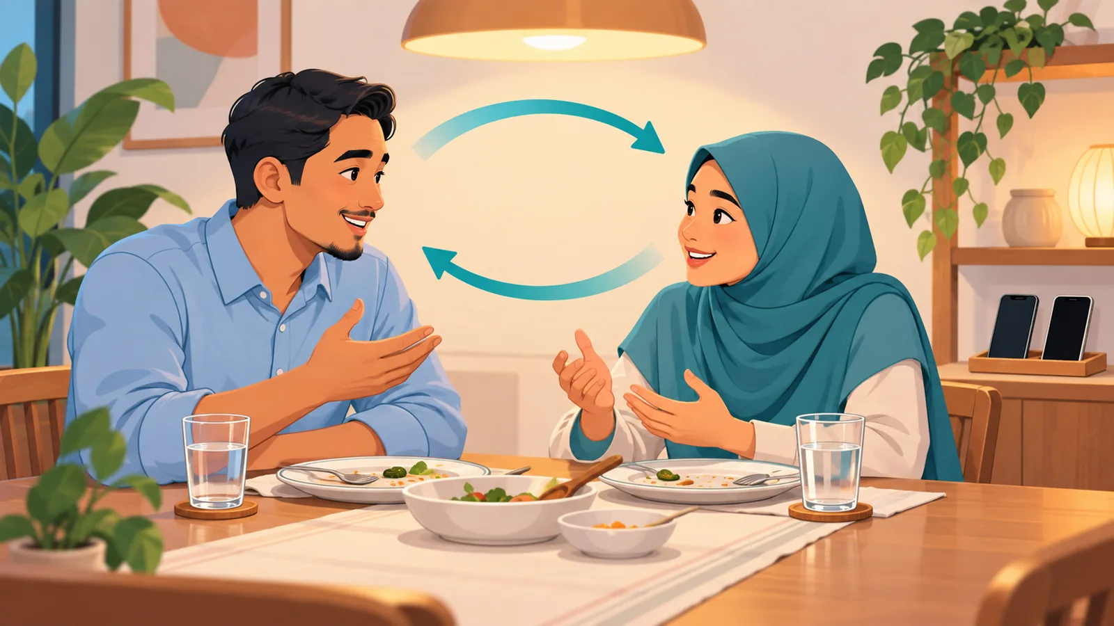 Pasangan berbual di meja makan tanpa telefon selepas makan malam