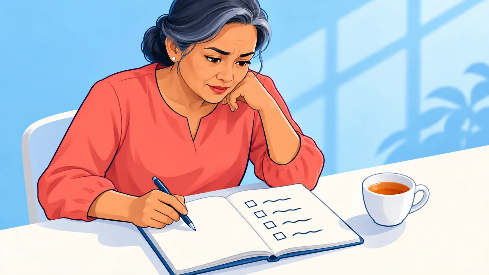 Wanita memilih hadiah persaraan dengan senarai semak di atas meja