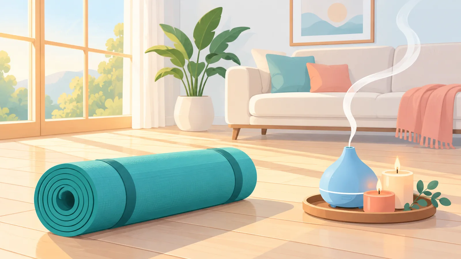 Tilam yoga dan set aromaterapi di ruang tamu yang tenang