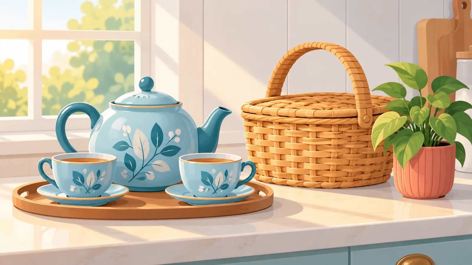 Set minum teh dan bakul piknik di dapur yang terang