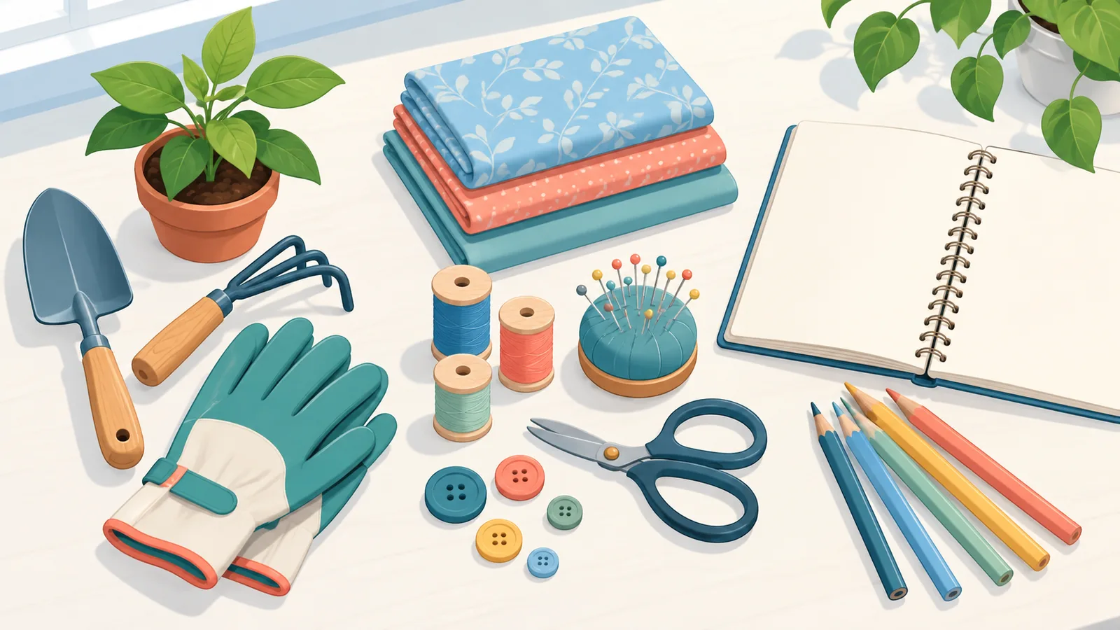 Set berkebun dan alat kraf di meja hobi