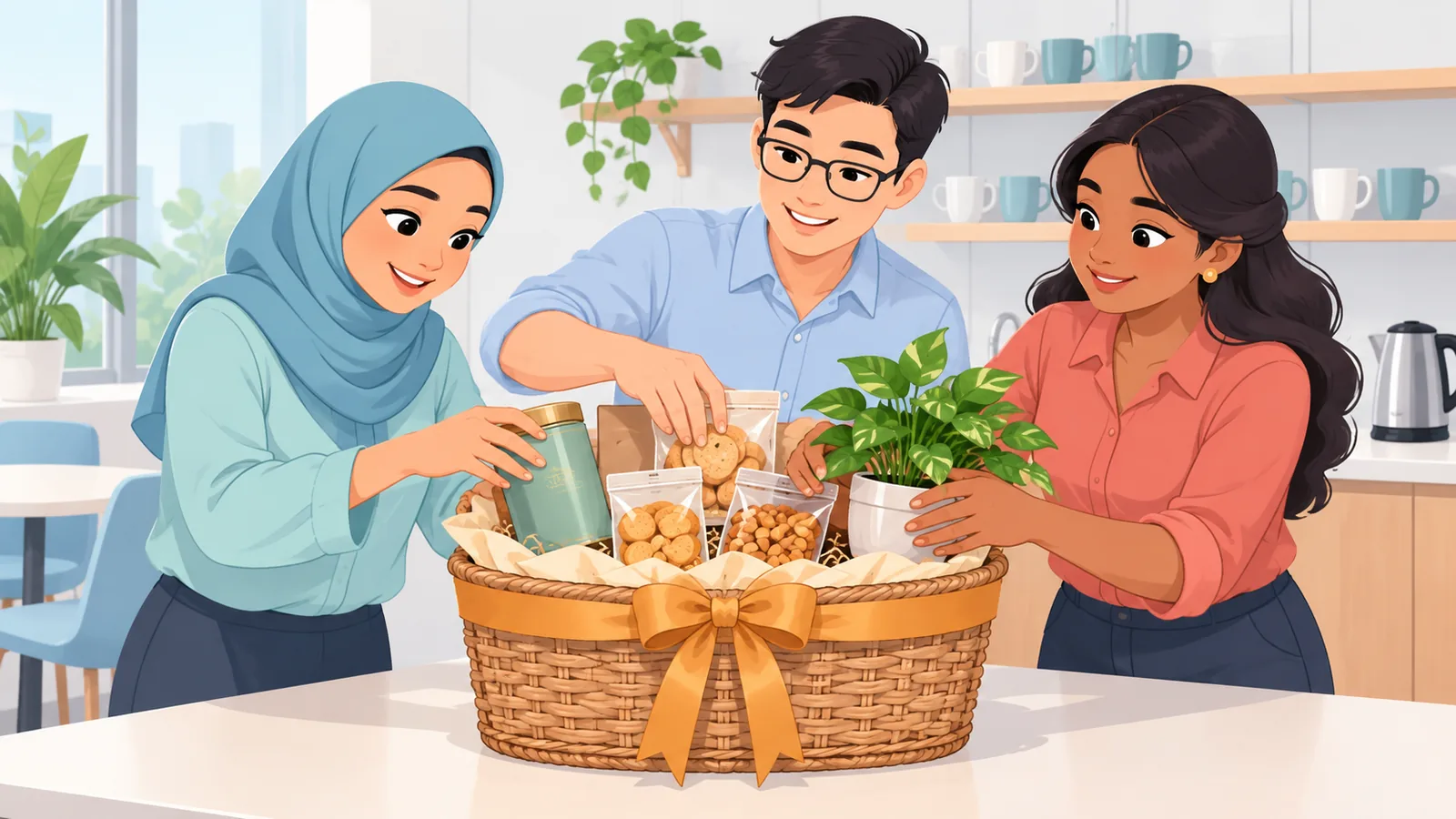 Rakan sekerja menyediakan bakul hadiah buatan sendiri