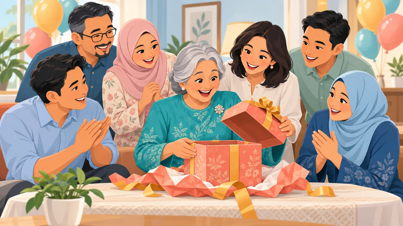 Wanita membuka hadiah persaraan di majlis kecil bersama keluarga