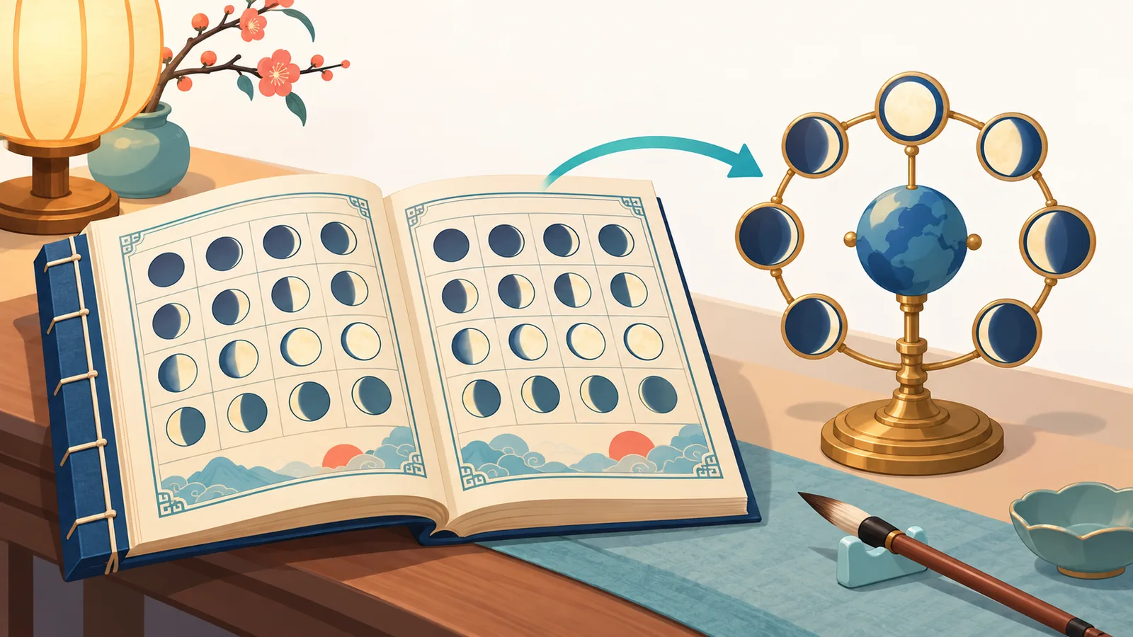Buku kalendar lunisolar tradisional Cina bersama model fasa bulan