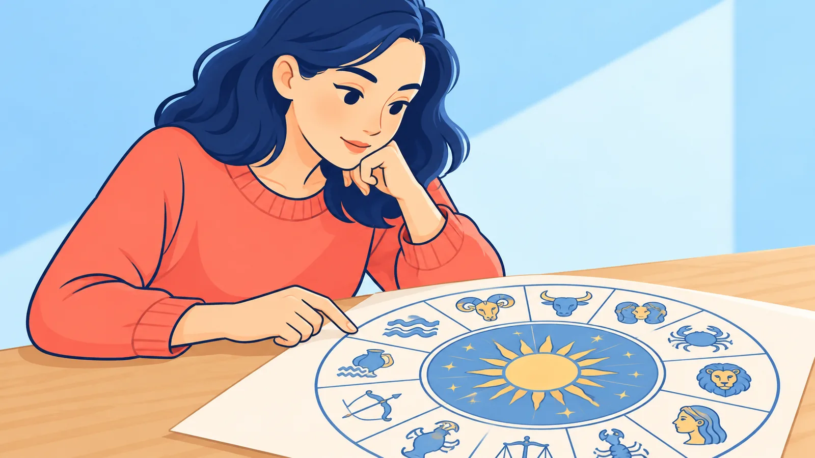 Seseorang membaca carta zodiak bercetak di meja kayu