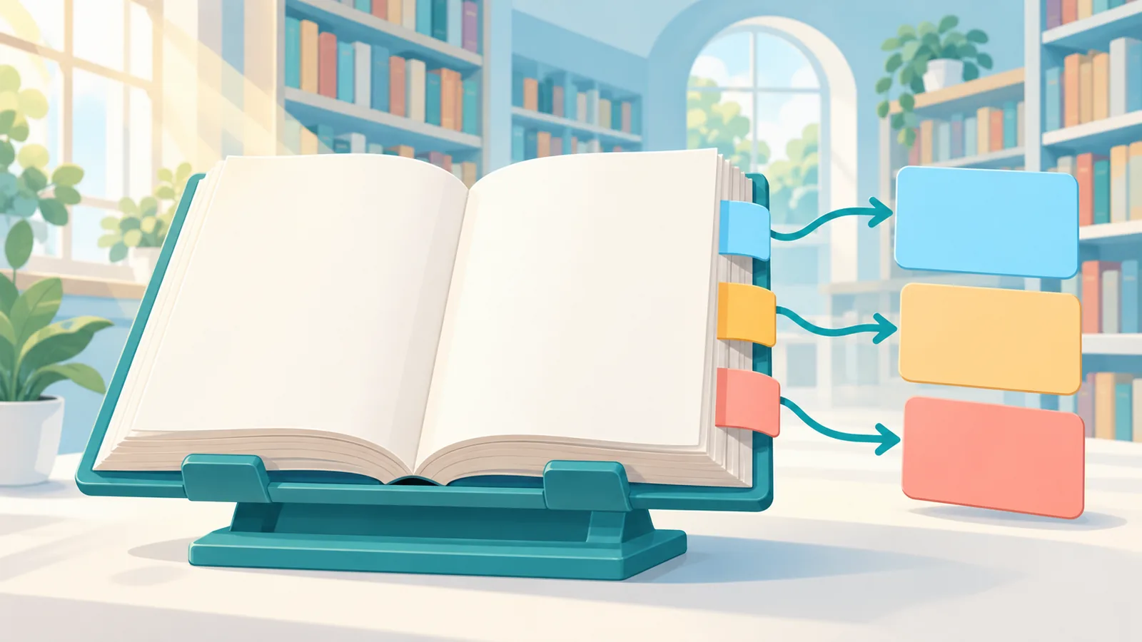 Buku terbuka pada pemegang buku dengan nota pelekat di perpustakaan