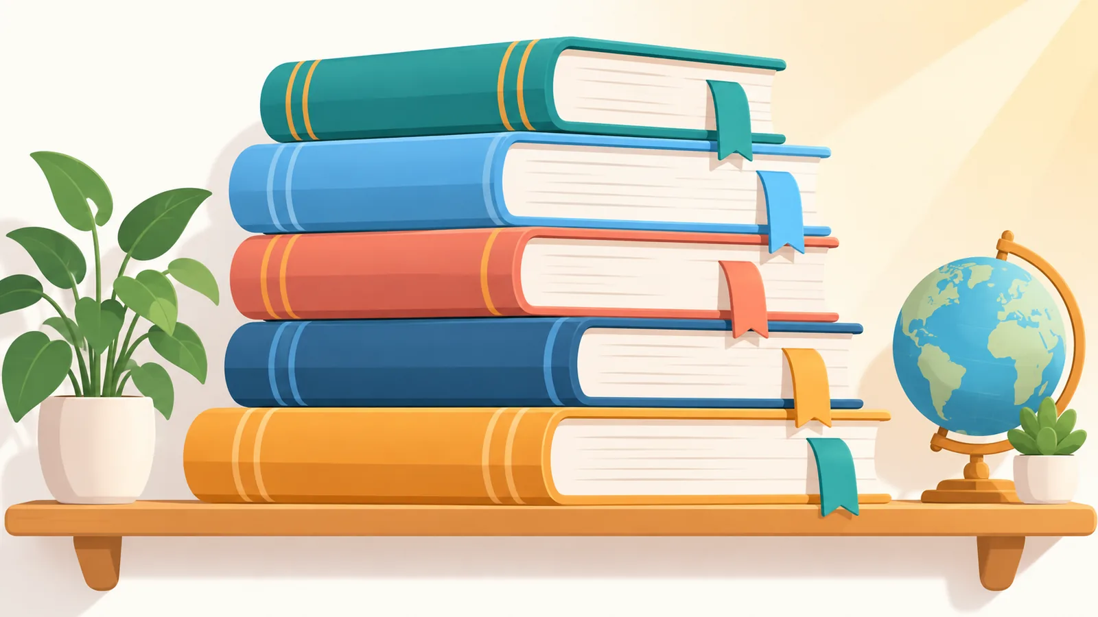 Timbunan buku rujukan berpenanda buku di rak kayu