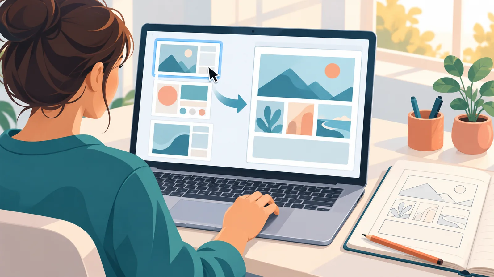 Pereka menyusun portfolio templat pada komputer riba