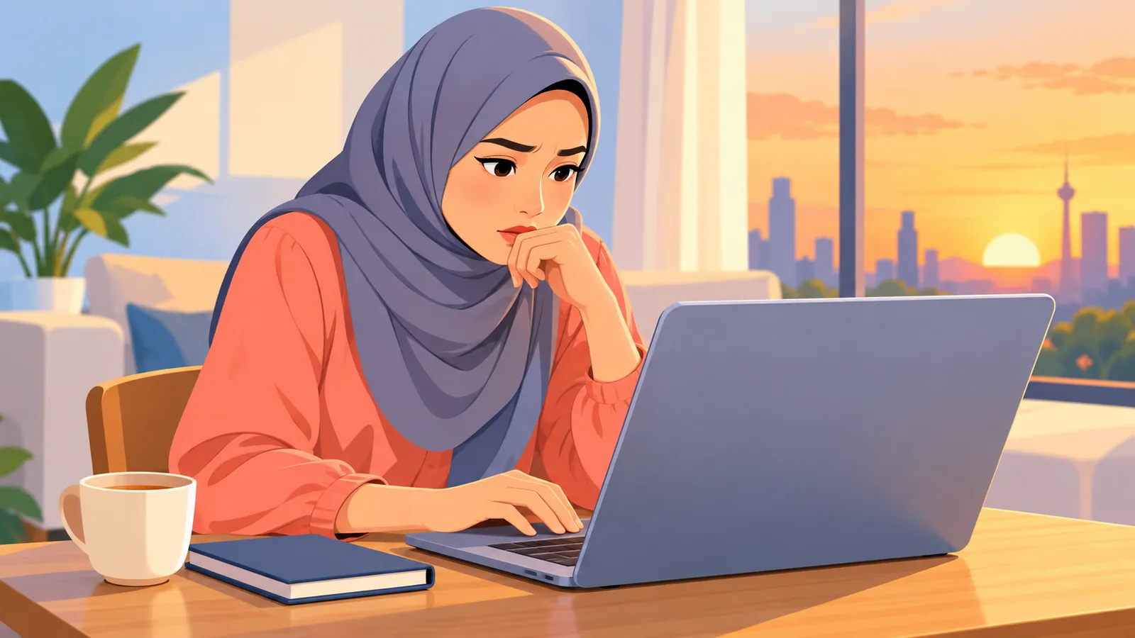 Seorang wanita bekerja dengan komputer riba di ruang tamu pada waktu petang