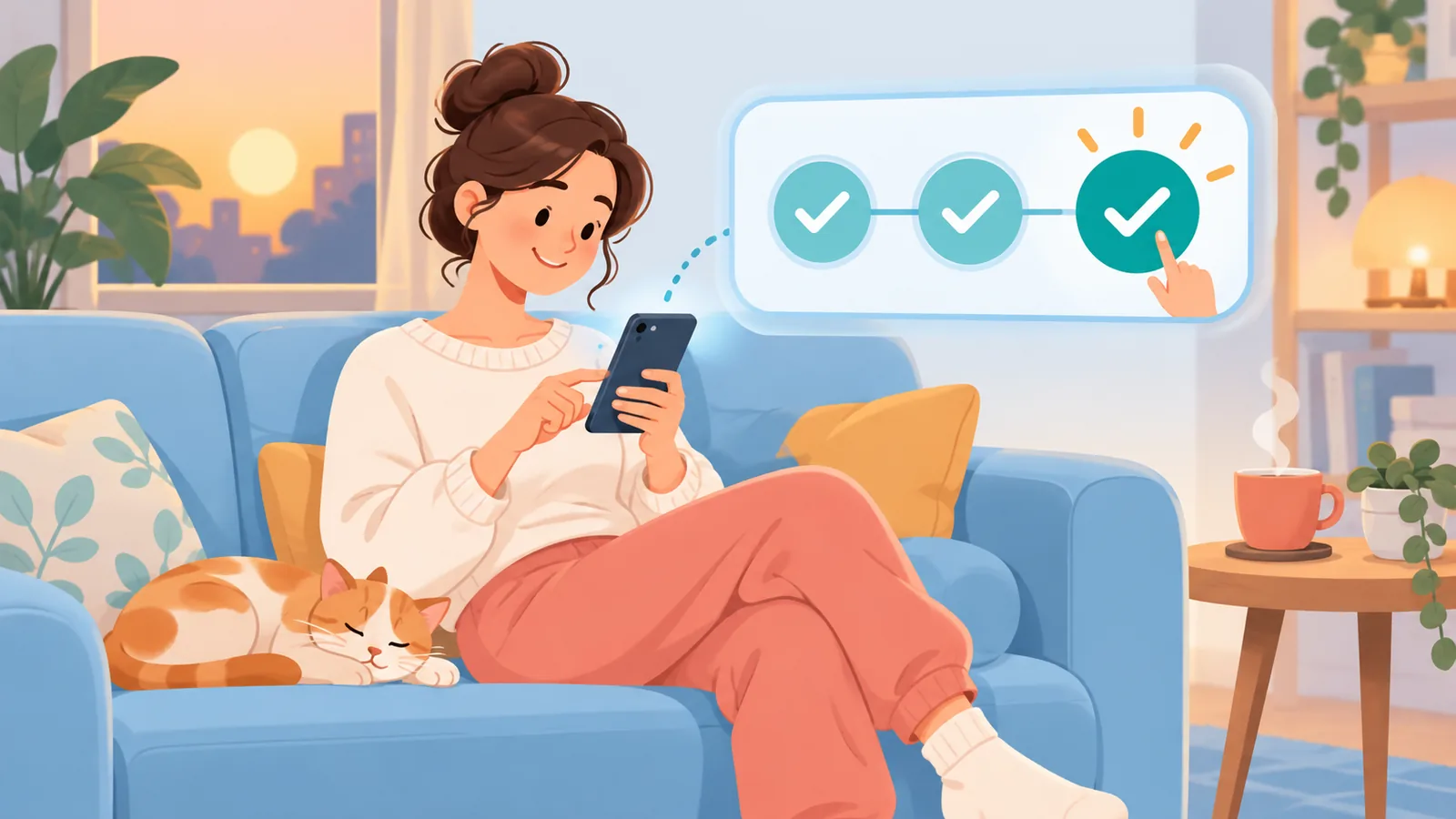 Seseorang menyiapkan tugas mikro pada telefon pintar di atas sofa