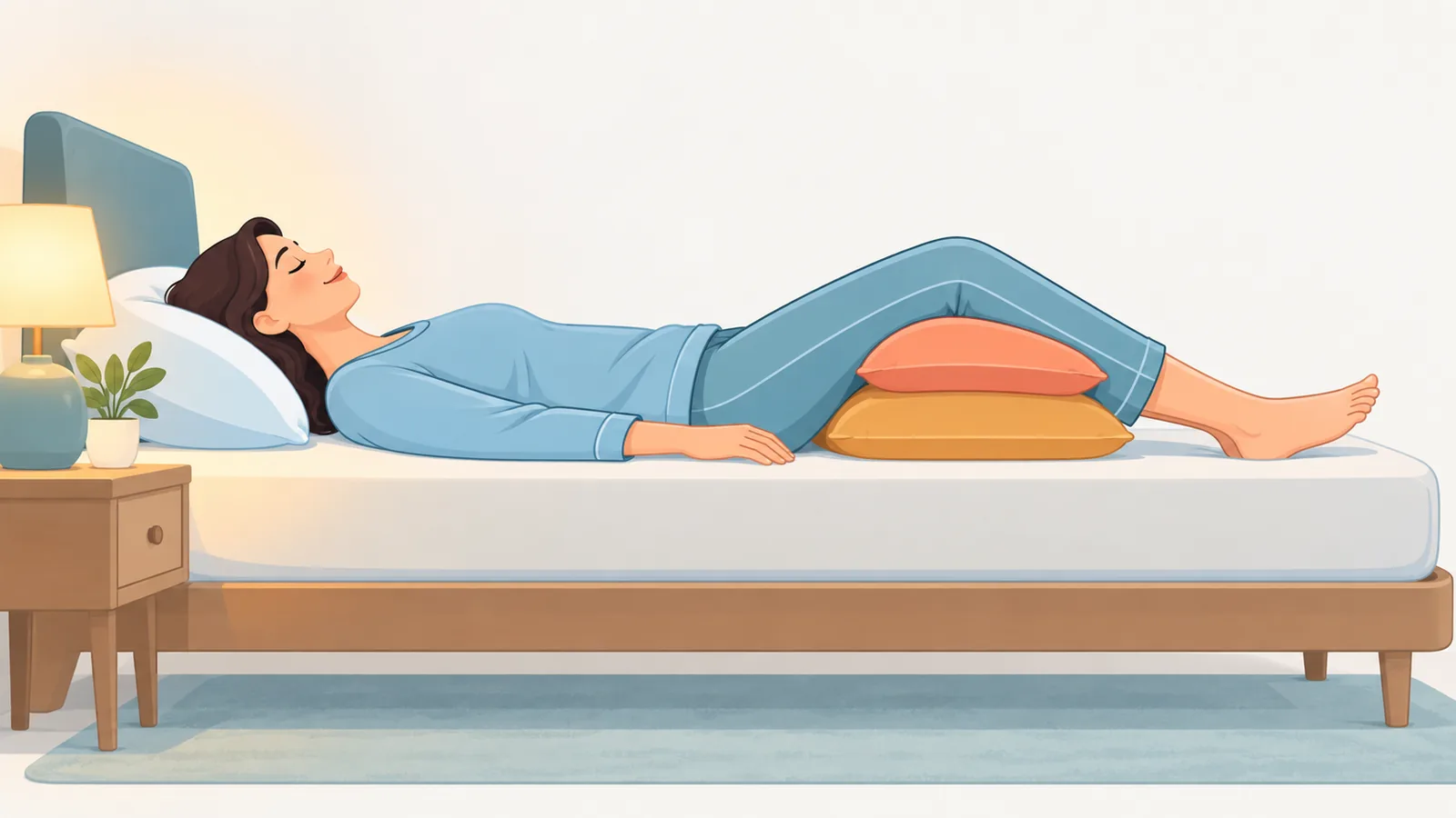 Orang tidur terlentang dengan bantal di bawah lutut