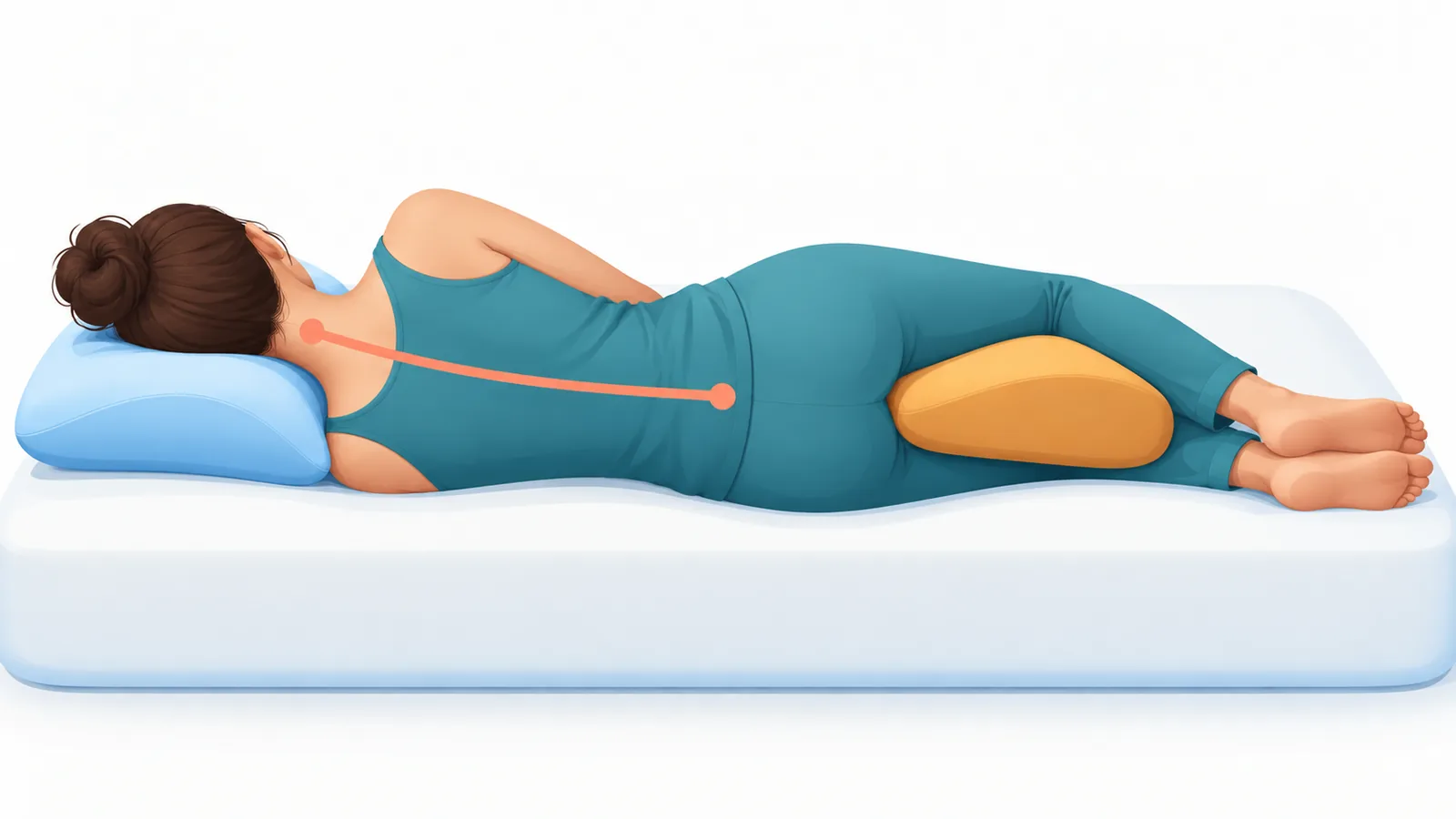 Orang tidur mengiring dengan bantal di antara lutut